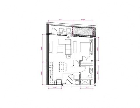 Floor plan for 1 bed, 1 bath, 570 sqft